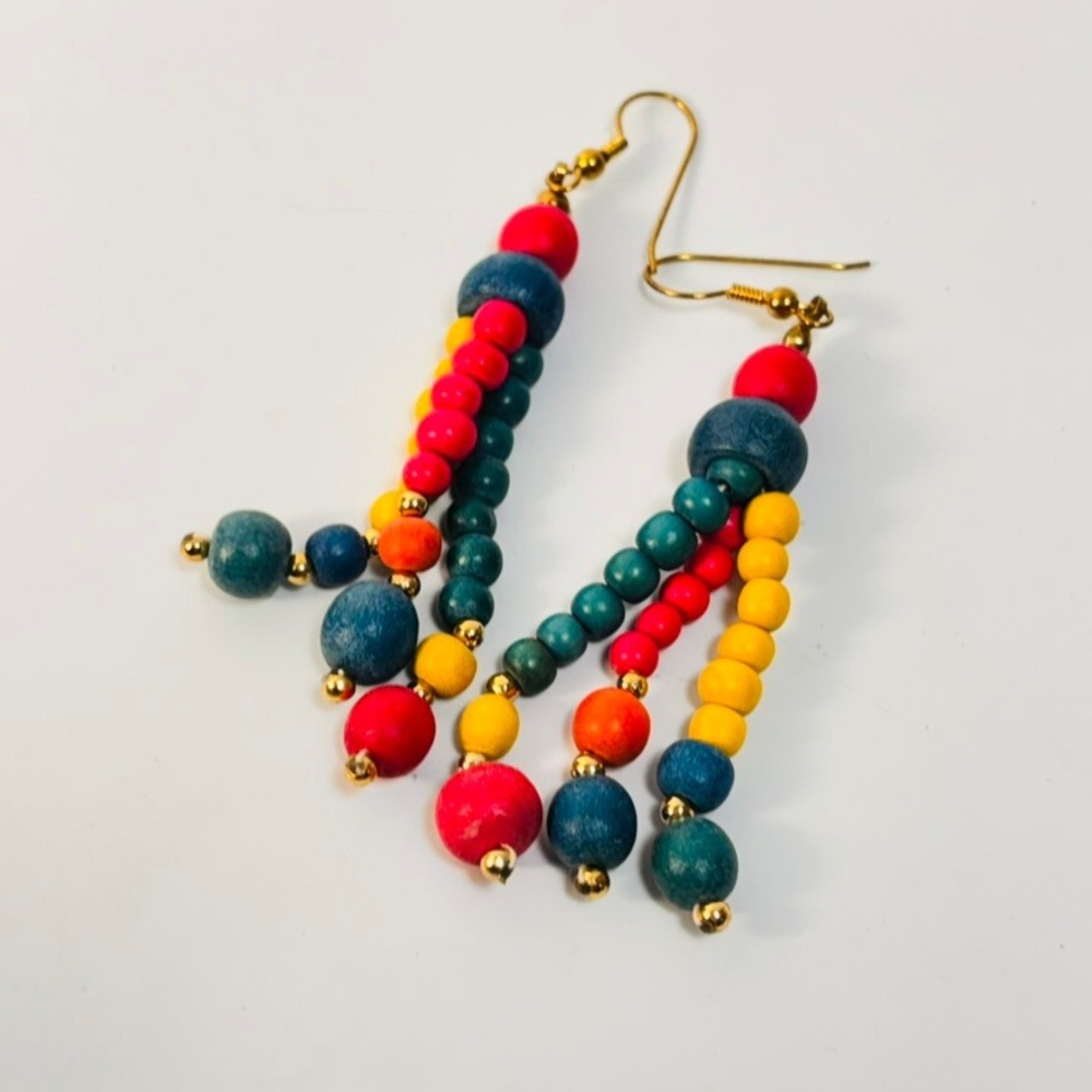 Vintage Beaded Drop Earrings Multi Color Wood Bead Boho Statement Dangle Jewelry
